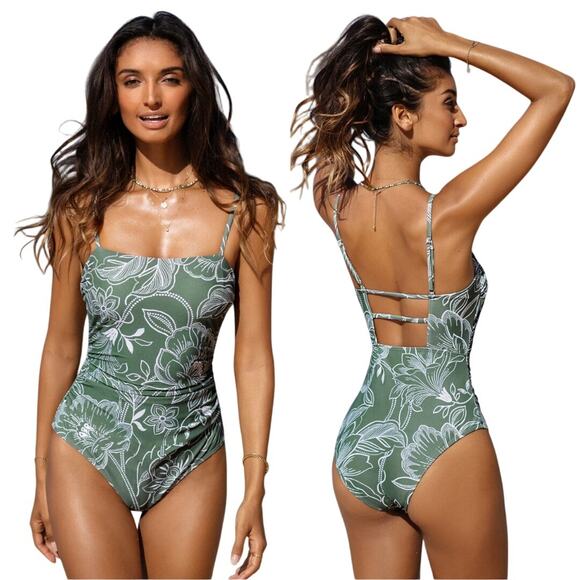 Cupshe Women's Floral Print Shirred Cutout One Piece Swimsuit Green Size Small - Picture 1 of 7